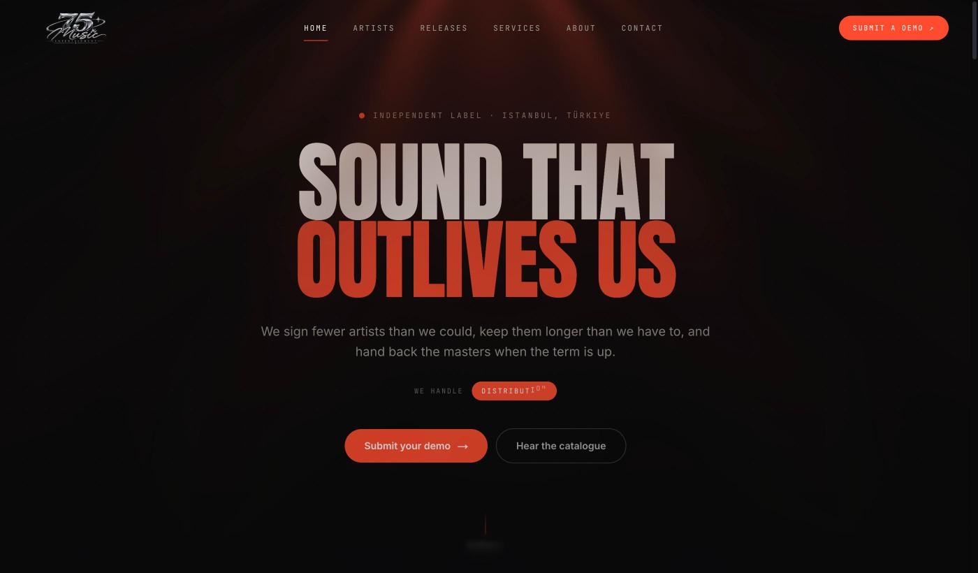 75 Music Entertainment homepage — SOUND THAT OUTLIVES US set in oversized orange type on black