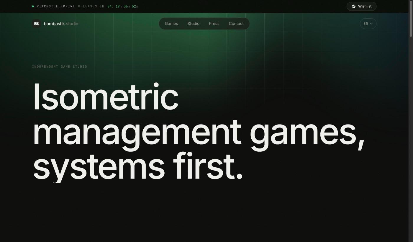 Bombastik Studio homepage — "isometric management games, systems first" over a green grid
