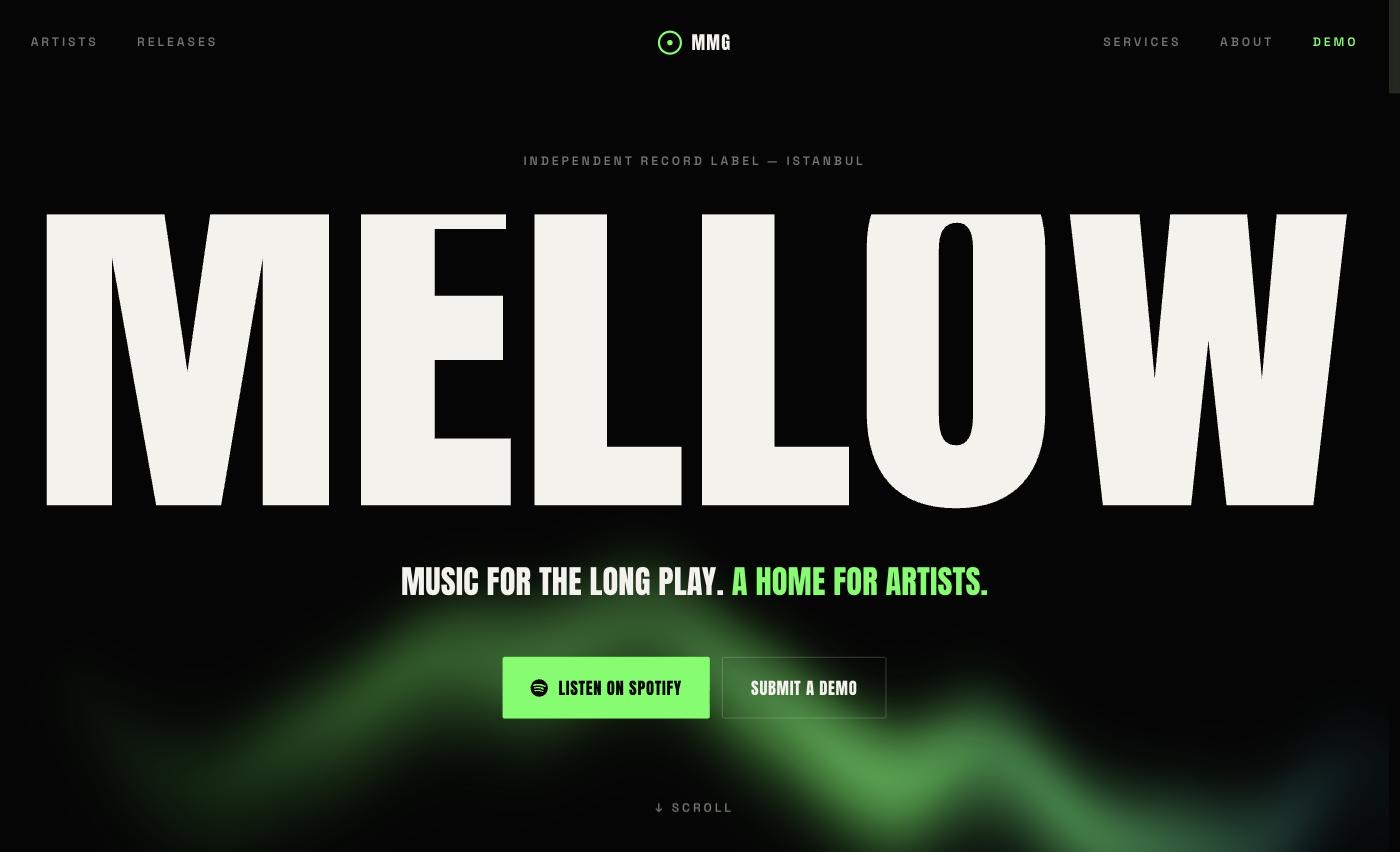 Mellow Music Group homepage — oversized MELLOW wordmark on black